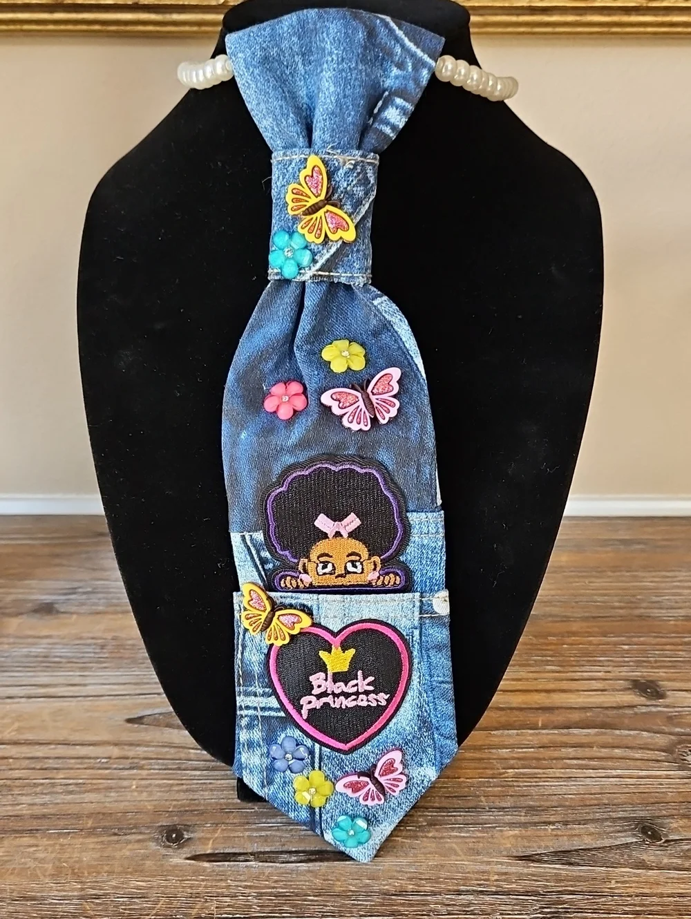 Kids Custom made Denim Tie with Colorful Butterflies & 'Black Princess' Patch